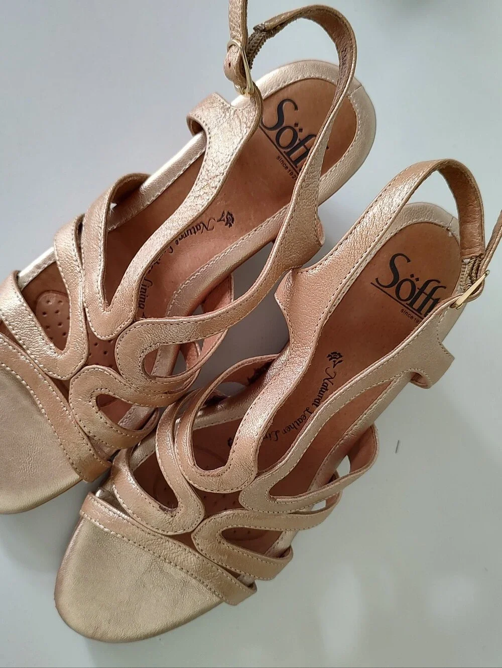 Sofft Gold Metallic Cork Wedge Heel Sandals 7.5